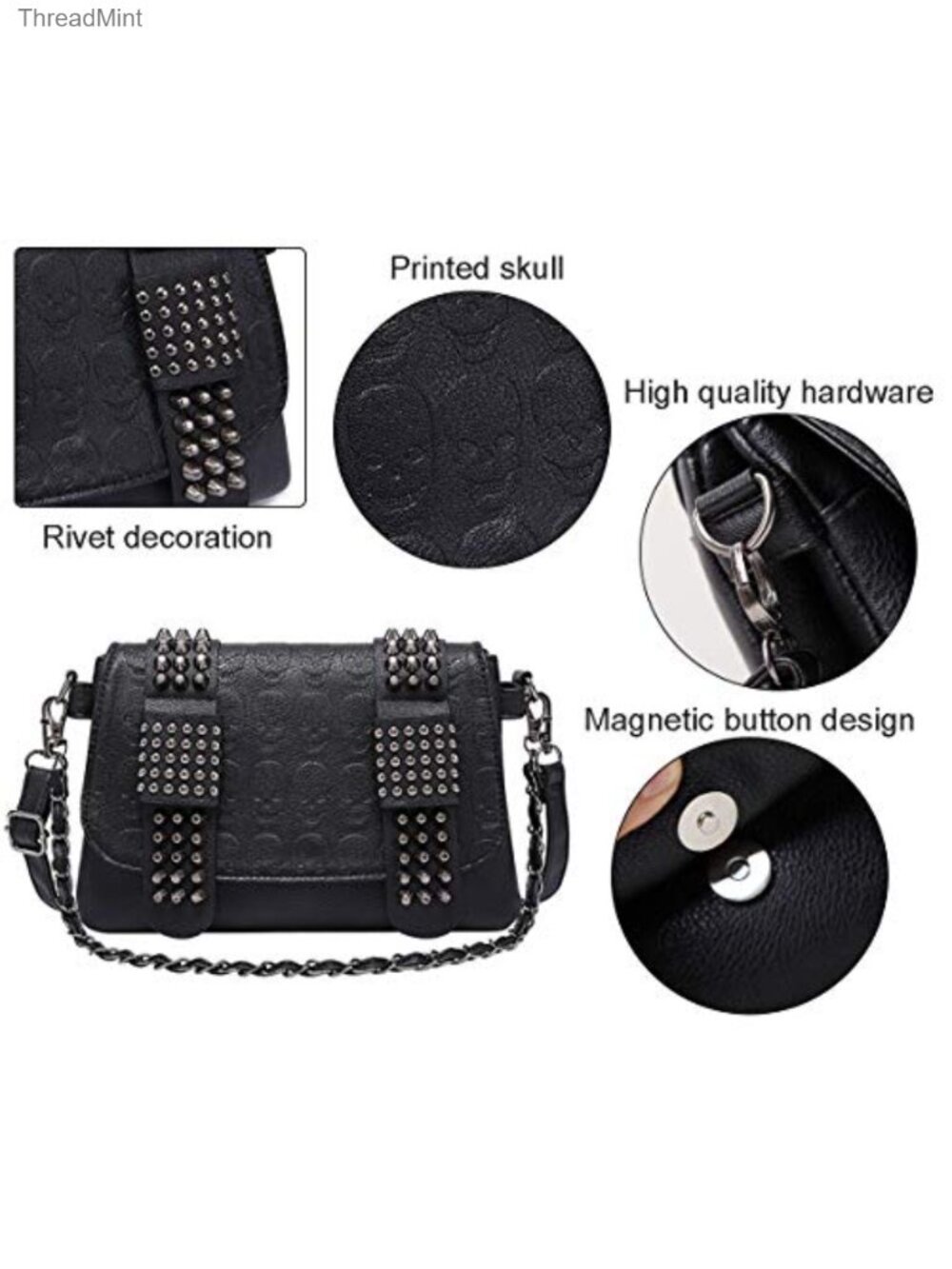 Punk Skull Flap Shoulder Bag PU Leather Goth Chain Satchel - Picture 5 of 5